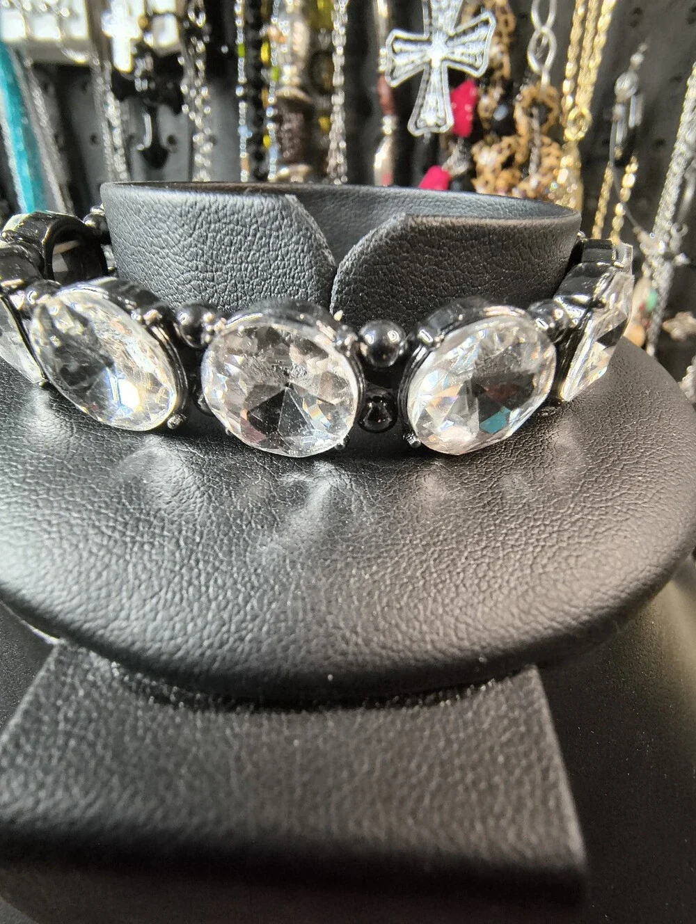 Statement Clear Glass Rhinestone Stretch Bracelet Gunmetal Sparkle